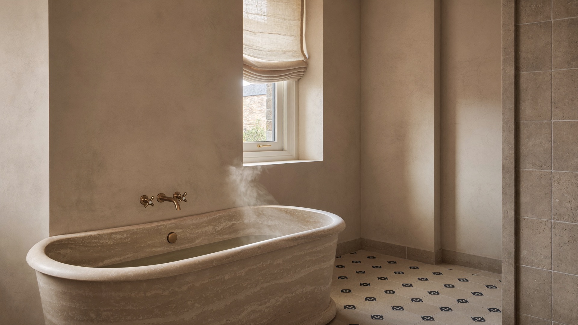 Travertine soaking tub against limewash plaster with an aged brass wall faucet and patterned floor tile, Scottsdale primary bath