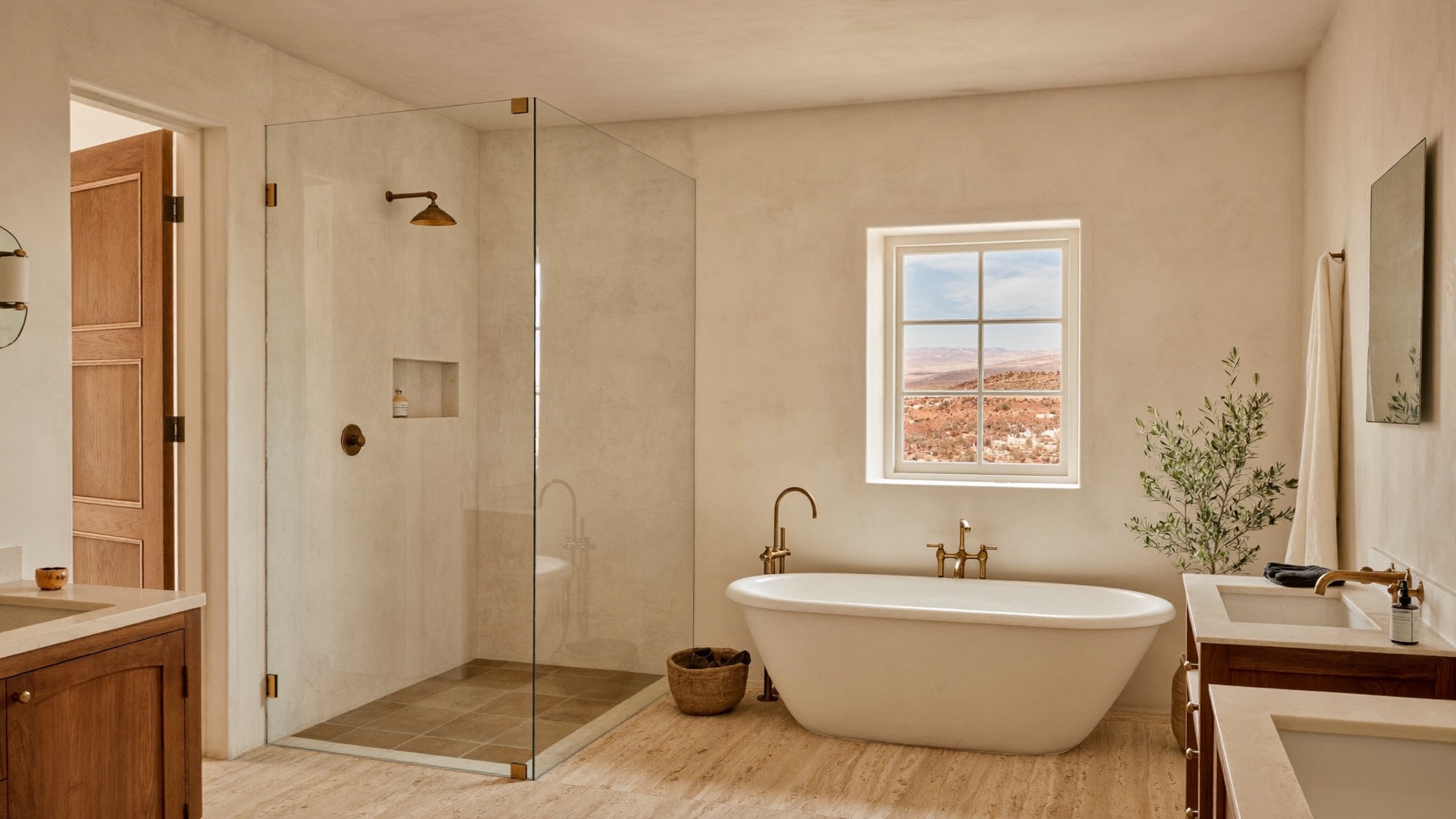 Paradise Valley primary bath in limewash and travertine with a curbless wet room and aged brass fittings